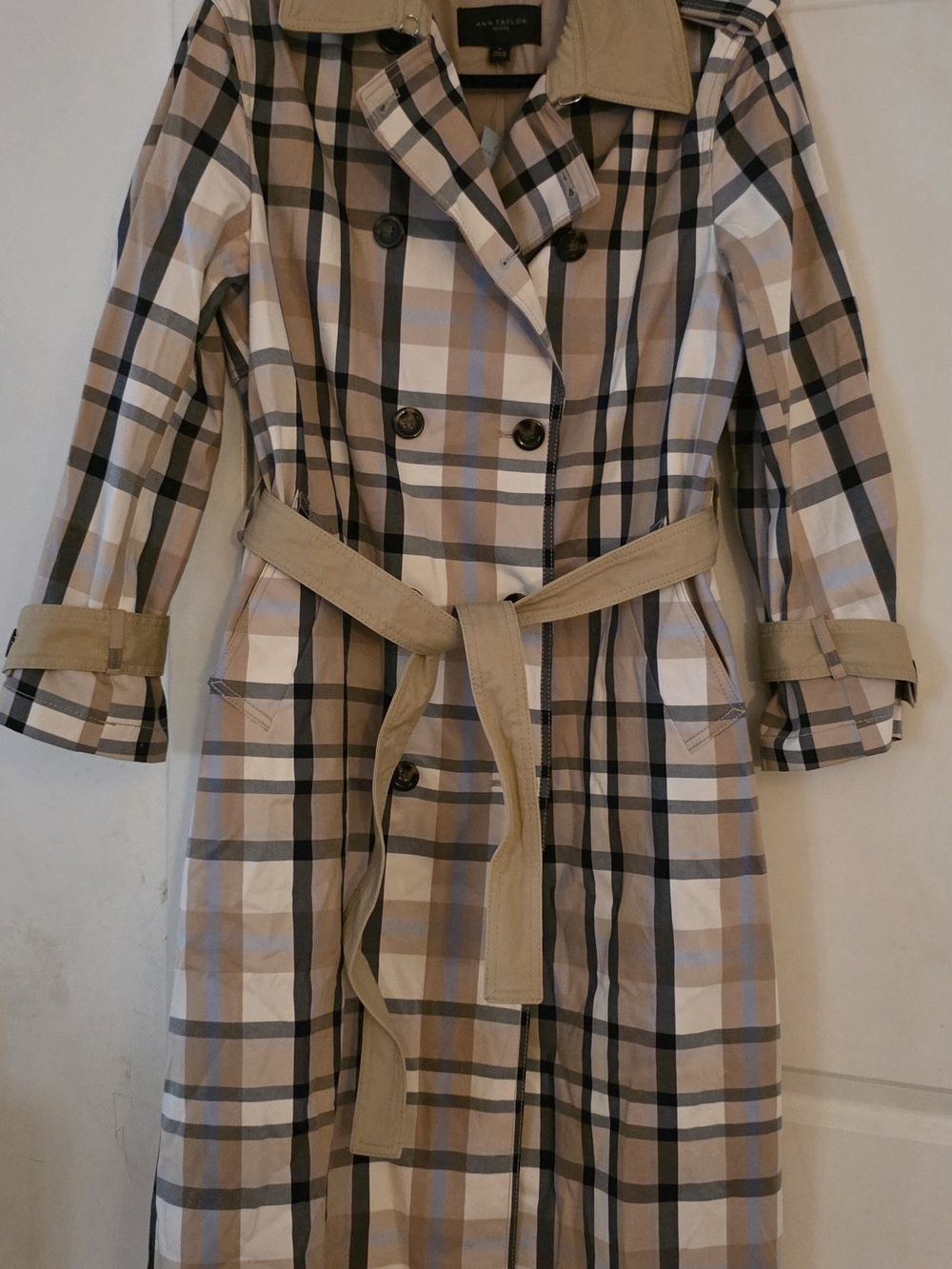 Anne Taylor Long Plaid Trench Coat in Beige.